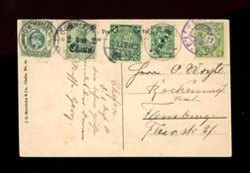 German Offices - 1911 picture postcard from the German Consulate at Chefoo to Germany Offices in franked with stamps of France picture side), Hong Kong, with two stamps added from Tientsin to a doctor aboard the German cruised S.M.S. Hertha via the German Consulate in Bavaria, Germany