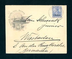 German Offices - 1903 Seapost postmark of East-Asiatic Mainline to Wiesbaden, Germany arriving November 14. On a very attractive Hamburg-American Line envelope with a logo on the flap.