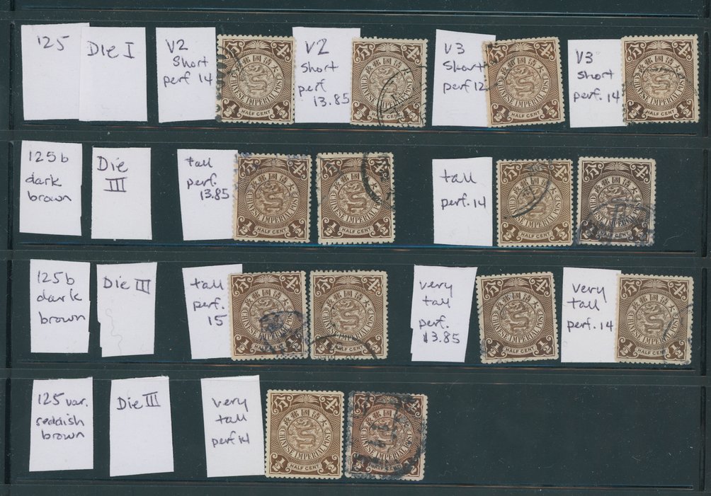 110 CSS 125, 1898 Watermarked Chinese Imperial Post 1/2c varieties (1 unused, 13 used)