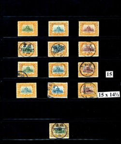 131-33 CSS a 62 stamp perforation and cancel study of the Temple of Heave issue (3 pages)