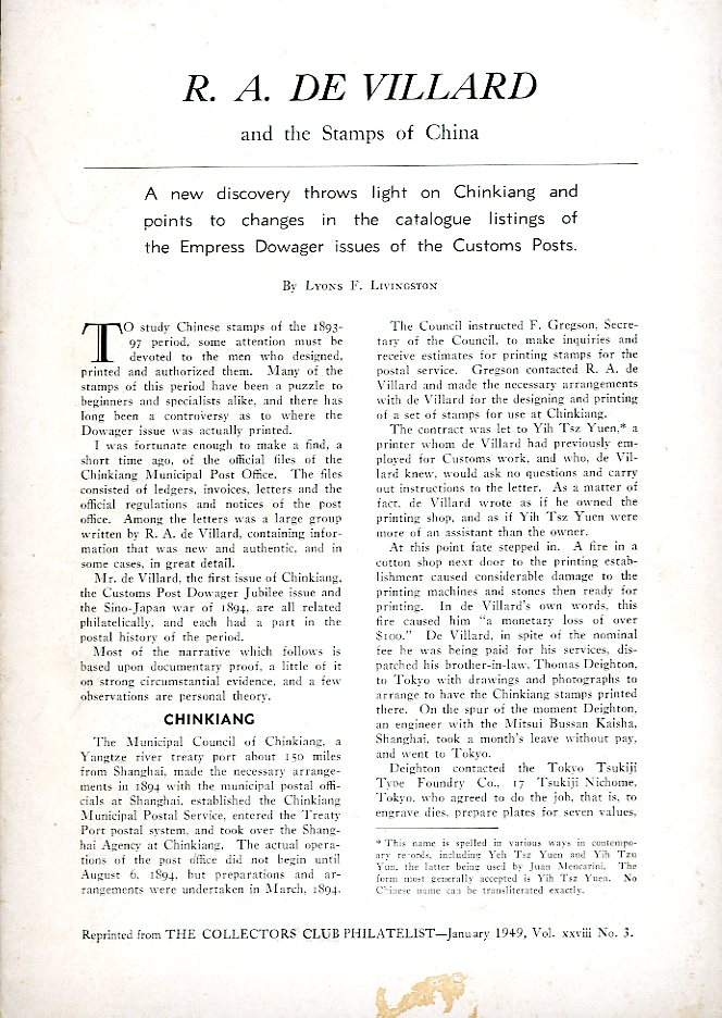 R. A. de Villard and the Stamps of China, by Lyons F. Livingston, reprint from The Collectors Club Philatelist, Vo. 28, No. 3 (1/1949), 24 pages, light insect damage on page 1, otherwise in very good condition. (2 oz)