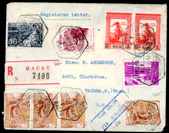 1949 Sep. 16. Registered Air Mail cover Macau to Tacoma, USA, via Hongkong, stamp. Sc. Macao #297 x2, #325, #328, #330, #331 x4 on front and #324 x4 on back. Open at top. Minor creasing.