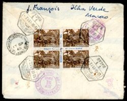 1949 Sep. 16. Registered Air Mail cover Macau to Tacoma, USA, via Hongkong, stamp. Sc. Macao #297 x2, #325, #328, #330, #331 x4 on front and #324 x4 on back. Open at top. Minor creasing.