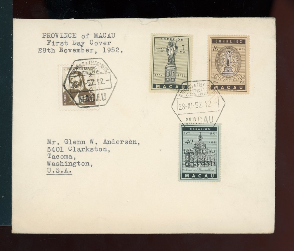 Macau - 365-67 on 1952 First Day Cover, opened at top