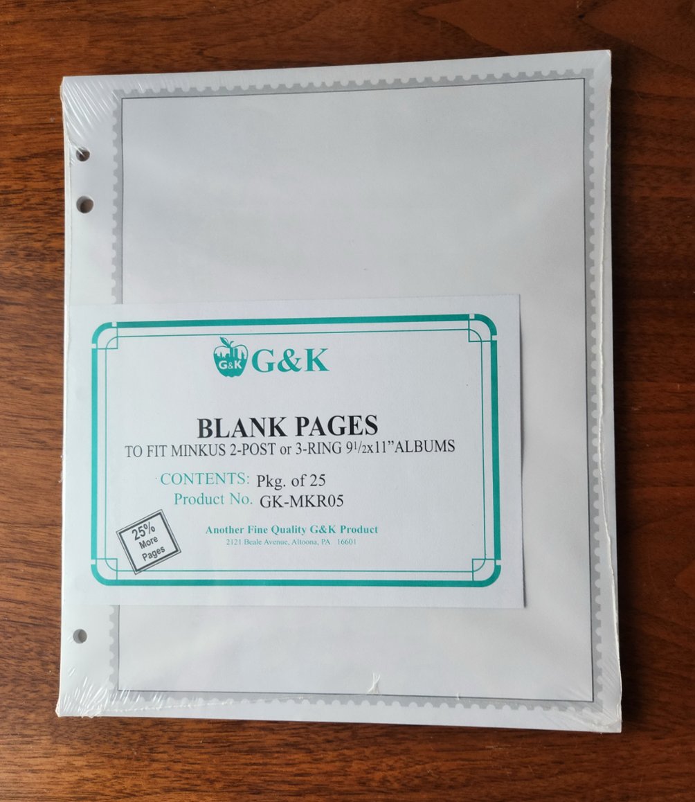 New Packages of 25 blank Minkus Album Pages GK-MKR05 (new G & K number ZGM-BLAR2P1); the winning bidder can buy up to 25 packages at the winning bid price (2 images)