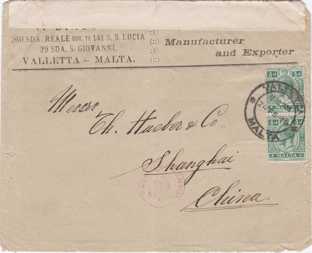 1915 Cover from Malta with GB censorship, opening under martial law, creases and folded (2 images)