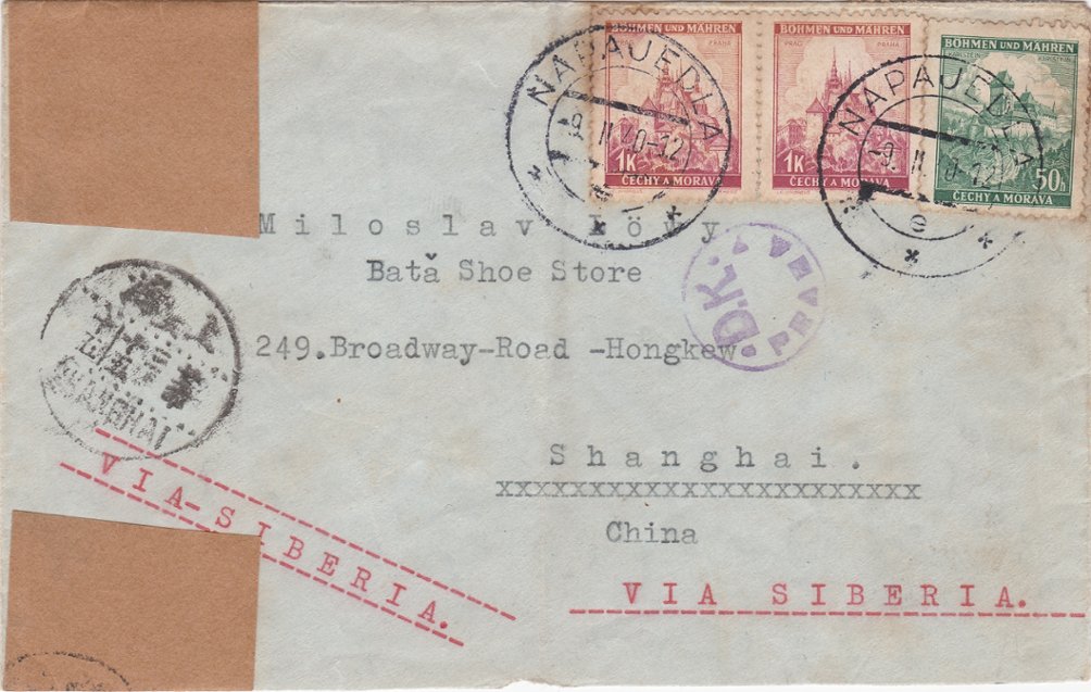 1940 Cover of 9/2 from Napajedla (Protectorate of Bohemia and Moravia) to Shanghai via Siberia, postage free. with 2.5 kronen controlled by the Prague Foreign Exchange Office Europe/Asia RARE, folded at center (2 images)