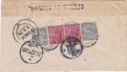 1915 Cover from Madras (India) to Shanghai 22/3 at 2 annas and 6 rupees, Yv India (2 images)