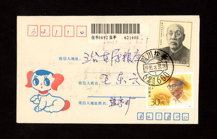 1993 Aug. 31 Sichuan Yan Ting cover with Postal Surcharge Label (2 images)