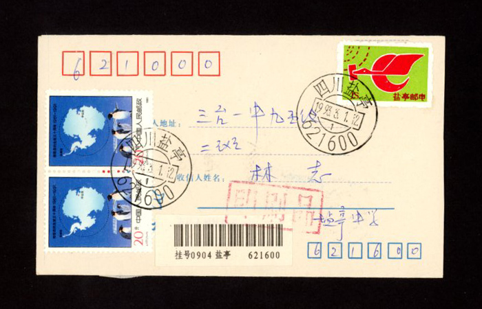 1993 Feb. 1 Sichuan Yan Ting cover with Postal Surcharge Labels (2 images)