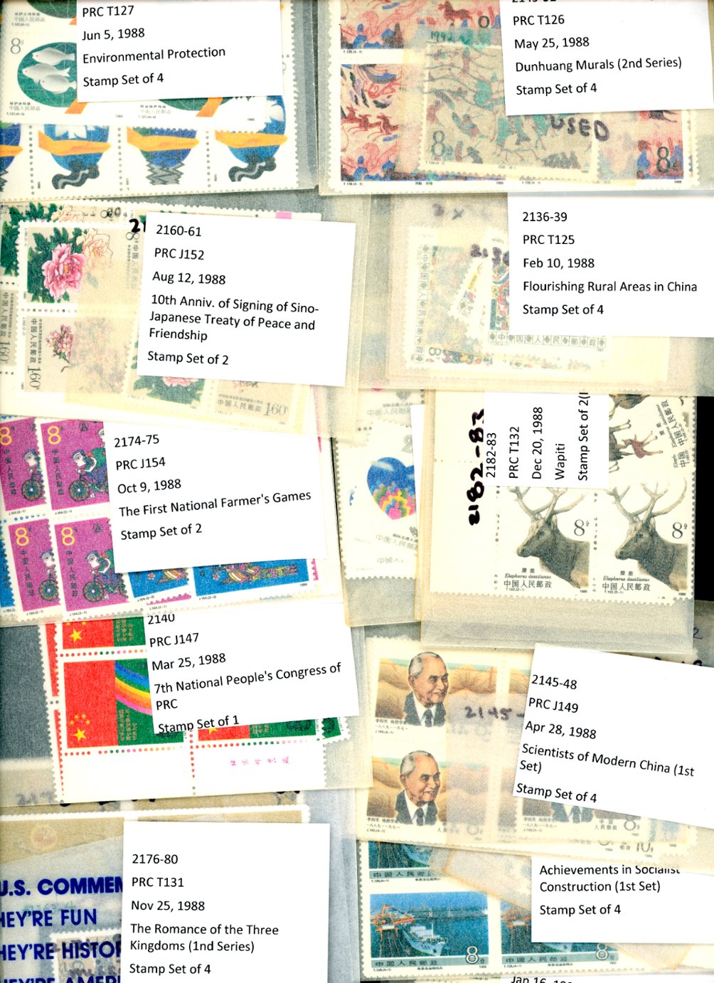A dealers stock of 1988 in multiples of four or more in well labeled glassines. See the second image for a detailed list of what is included. (2 images)