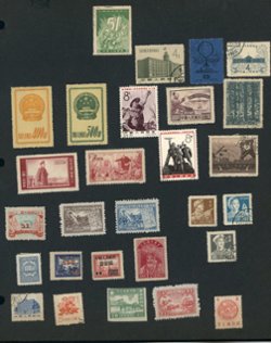 100+ assorted PRC stamps on album pages or as loose stamps. Duplication. Some non-PRC included, but not counted.