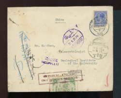 Official Postal Seal - attractive 1932 cover from the Netherlands with seal OS 13, perf. 14; a fascinating example with the seal tied on both sides and numerous cancels telling the saga of this interesting cover (2 images)