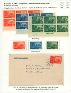 781-83 CSS 1186-88 in Wide (printer's Imprint blocks of 6) and Narrow designs types and a 1948 printed matter cover from Shanghai to Australia