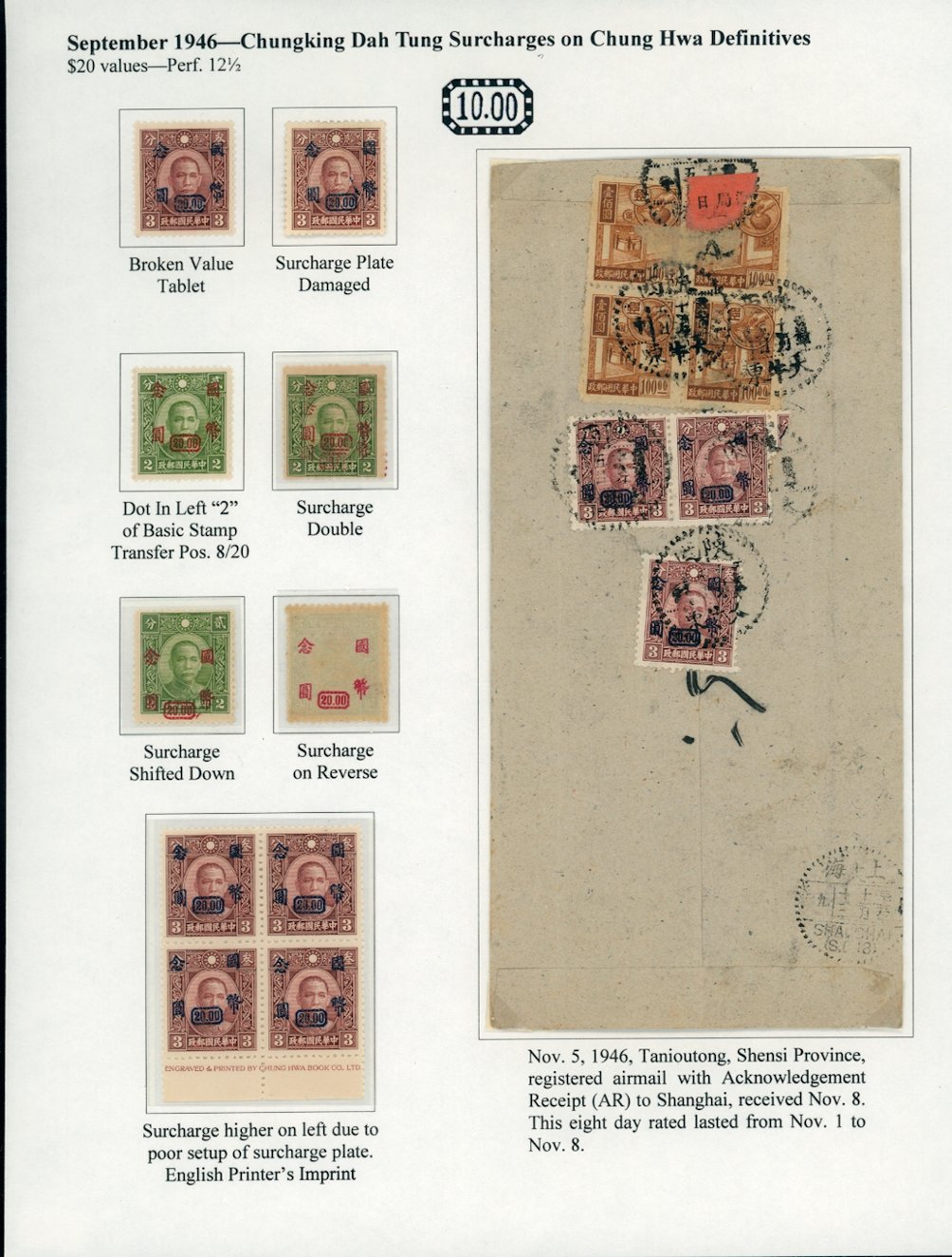 717 and 719 CSS 1093-94 seven varieties on a page with a 1946 Tanioutong, Shensi cover to Shanghai