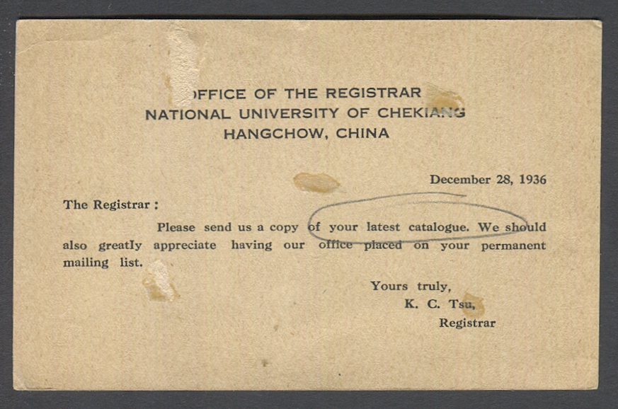 1935 May 1 CSS PC-22 First print of Dr. SYS Postal Card, 2 1/2c in green, Han 43, mailed to USA (2 images) some wear