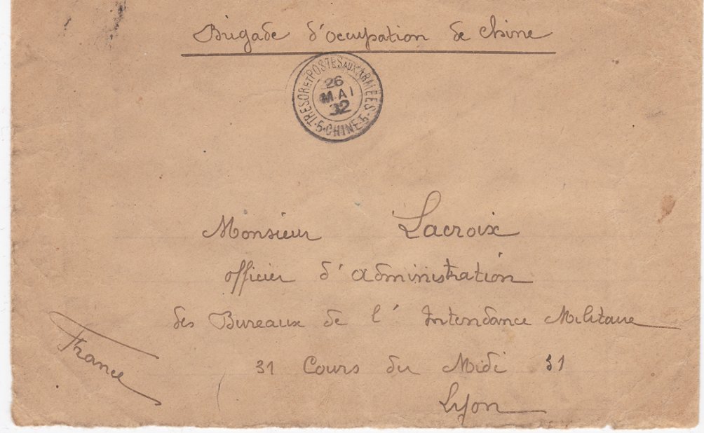 1932 Cover of 26/5 from the Treasury and Army Posts 5 China (exempt from postage due, so no T) of the China Occupation Brigade (The image clips off part of the cover and sometimes part of a stamp, but the cover is completely intact.)