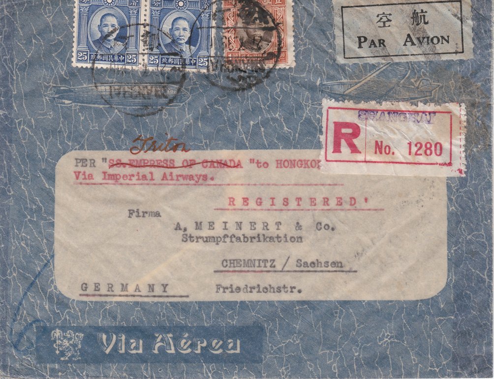 1939 Registered cover by air from Shanghai to Chemniz (Germany) (8/8) via Hong Kong 31/7 SG 402x2 496 by Imperial Airways and crossed out Empress of Canada logo, creases (2 images) (The image clips off part of the cover and sometimes part of a stamp, but the cover is completely intact.)