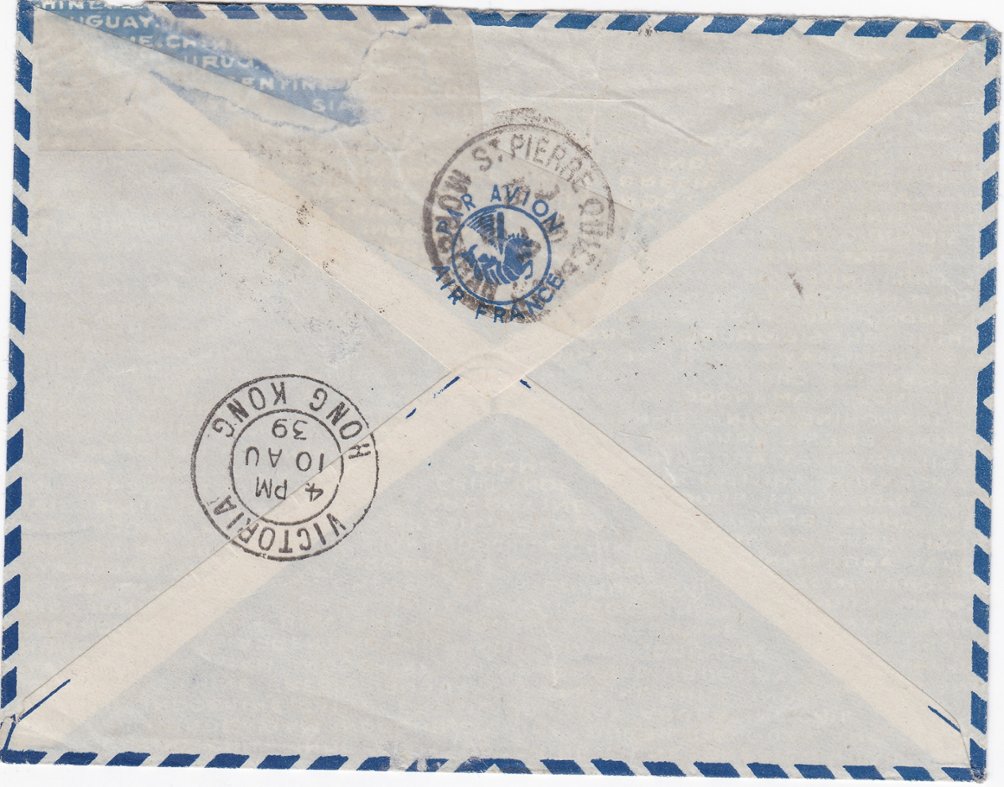 1939 Cover of 7/8 from Shanghai to St. Pierre Quiberon via HK 18/8 SG 419 and 425 (2 images)