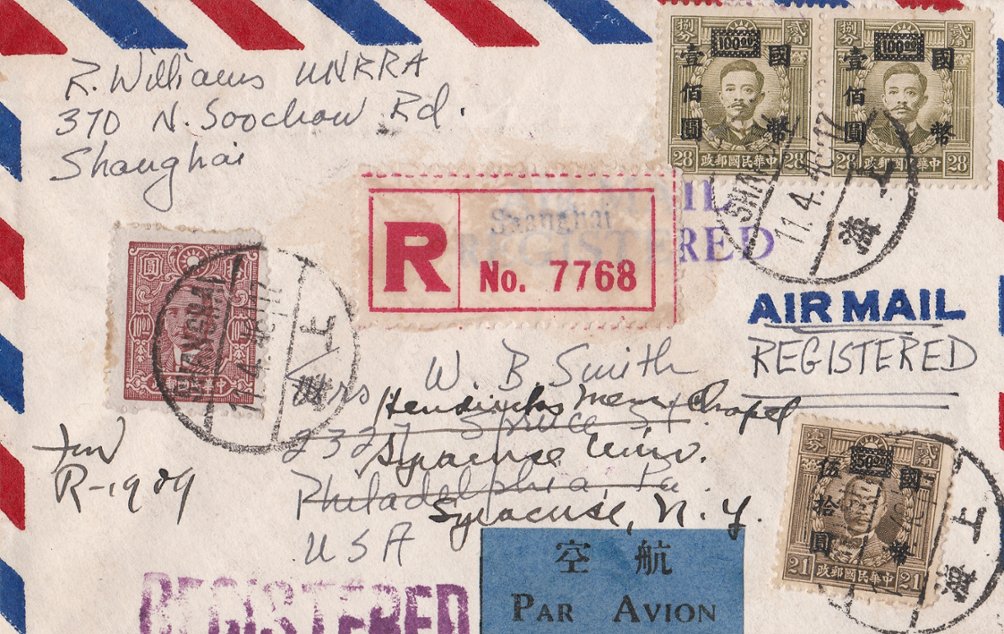 1947 Airmail registered from Shanghai (11/4) to USA (23/4), repaired (2 images) (The image clips off part of the cover and sometimes part of a stamp, but the cover is completely intact.)