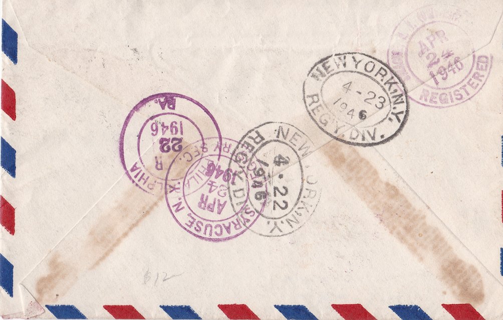 1947 Airmail registered from Shanghai (11/4) to USA (23/4), repaired (2 images) (The image clips off part of the cover and sometimes part of a stamp, but the cover is completely intact.)