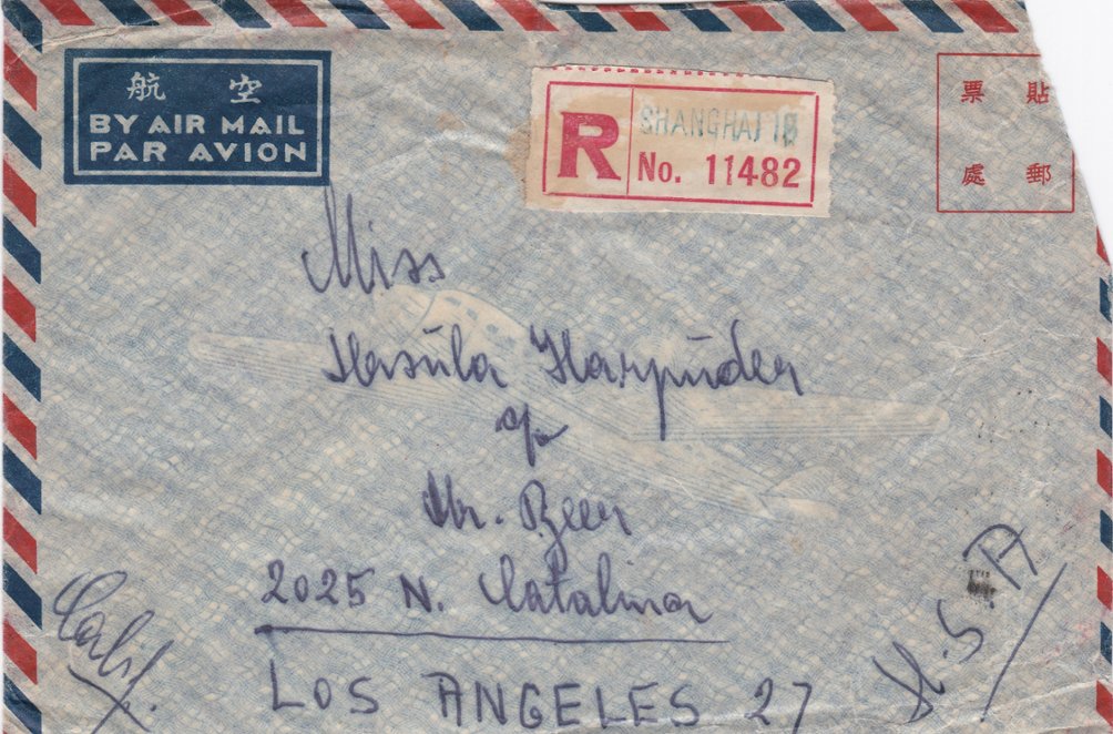 1948 Registered cover from Shanghai by air (3/1) to USA (6/1) SG 947x2 967, folded at center (2 images) (The image clips off part of the cover and sometimes part of a stamp, but the cover is completely intact.)