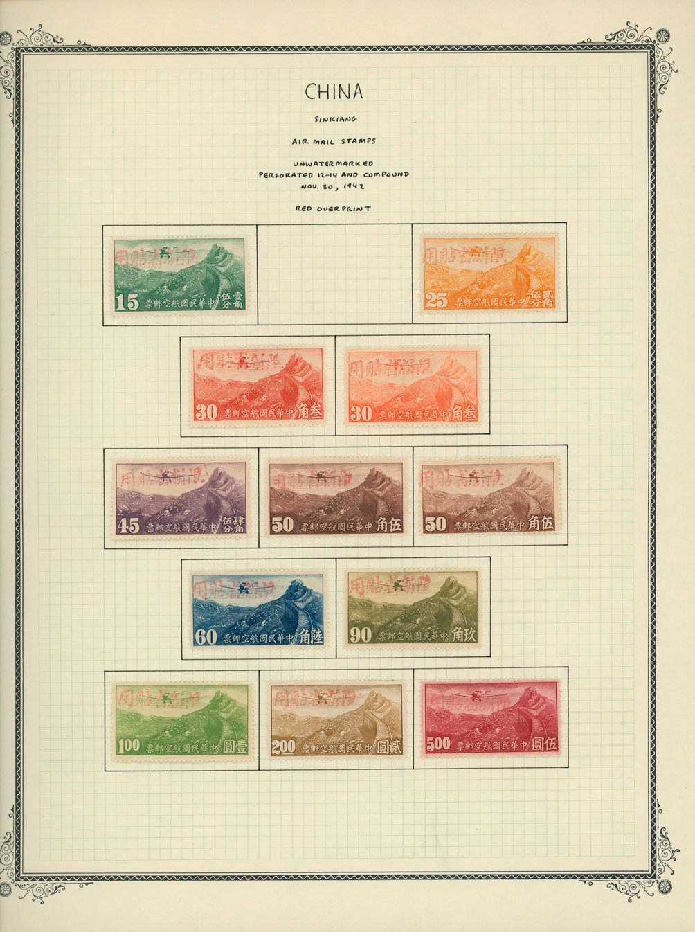 Sinkiang Airmails with red overprint on 2 pages (2 images)