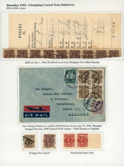 Chungking Central Trust - 629 in Shanghai Post Office Receipt for bulk mailing, a cover from Shanghai to England, two with postage due cancels and a pair of 625 with a paper fold at the top