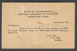 1935 May 1 CSS PC-22 First print of Dr. SYS Postal Card, 2 1/2c in green, Han 43, mailed to USA (2 images) some wear