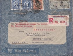 1939 Registered cover by air from Shanghai to Chemniz (Germany) (8/8) via Hong Kong 31/7 SG 402x2 496 by Imperial Airways and crossed out Empress of Canada logo, creases (2 images) (The image clips off part of the cover and sometimes part of a stamp, but the cover is completely intact.)