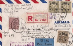 1947 Airmail registered from Shanghai (11/4) to USA (23/4), repaired (2 images) (The image clips off part of the cover and sometimes part of a stamp, but the cover is completely intact.)