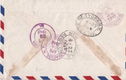 1947 Airmail registered from Shanghai (11/4) to USA (23/4), repaired (2 images) (The image clips off part of the cover and sometimes part of a stamp, but the cover is completely intact.)