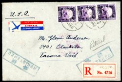 1949 Apr. Registered Air Mail cover Swatow, Kuang-tung (Guangdon) to Tacoma, USA via Shanghai and San Francisco (receiving cancels). Sc. China #885 x3 on front; #885 x4 on back plus #892 x2. Open at top.
