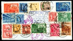 1948 Mar. 11. Registered Air Mail cover Peiping to Tacoma, USA. Seattle & Tacoma receiving cancels. Twenty stamps (19 different). $124,050 total postage. Open at right end.
