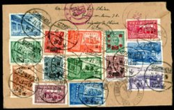 1948 Feb. 17. Registered Air Mail cover Peiping to Tacoma, USA. Shanghai, Seattle & Tacoma receiving cancel. 23 stamps, most different. Open at left end.