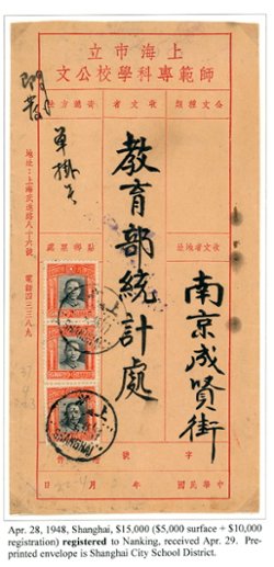 1948 Shanghai Registered to Nanking on preprinted envelope