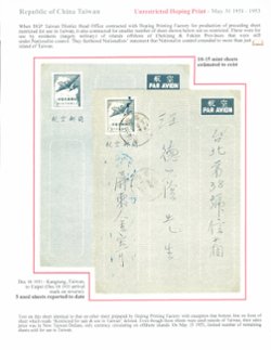 LSAD 1, 2, 2a, 3, 3A, 4-6++ (11 unused, 11 used, 2 specimens, and 1 used for accounting). This is the 16-page single-frame exhibit of "The Non-Denominated Domestic Air Letter Sheets of China (1948-1956) - written up in the 6/2023 American Philatelist. It is the definitive showing of these issues and has received APS WSP Large Gold Awards and an APS WSP Single-Frame Grand Award. It includes (i) a double overprinted first print sheet; (ii) 3 of the letter sheets not restricted for use in Taiwan: 1 mint, 1 used, and 1 specimen (only example in private hands); (iii) 2 first print sheets sent internationally without PRC obliteration, one franked with Liberated Area stamps; and (iv) a mint first print sheet with PRC obliteration, the discovery copy. Do email a request to see PDFs of the full exhibit and the article.