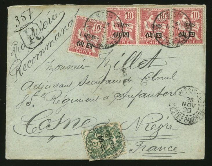 Military - 1909 Nov. 23 Tientsin 18c to France with purple "French Infantry Forces in Tientsin" cancel on reverse (2 images)