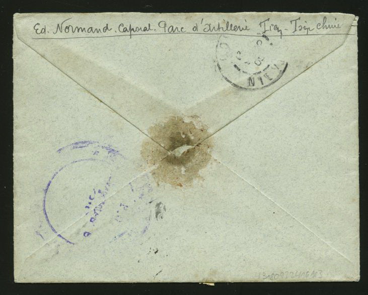 Military - 1909 Nov. 23 Tientsin 18c to France with purple "French Infantry Forces in Tientsin" cancel on reverse (2 images)