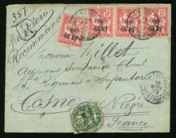 Military - 1909 Nov. 23 Tientsin 18c to France with purple "French Infantry Forces in Tientsin" cancel on reverse (2 images)
