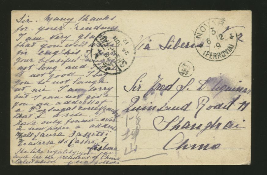 Italian 1912 Postcard to China received Shanghai June 24