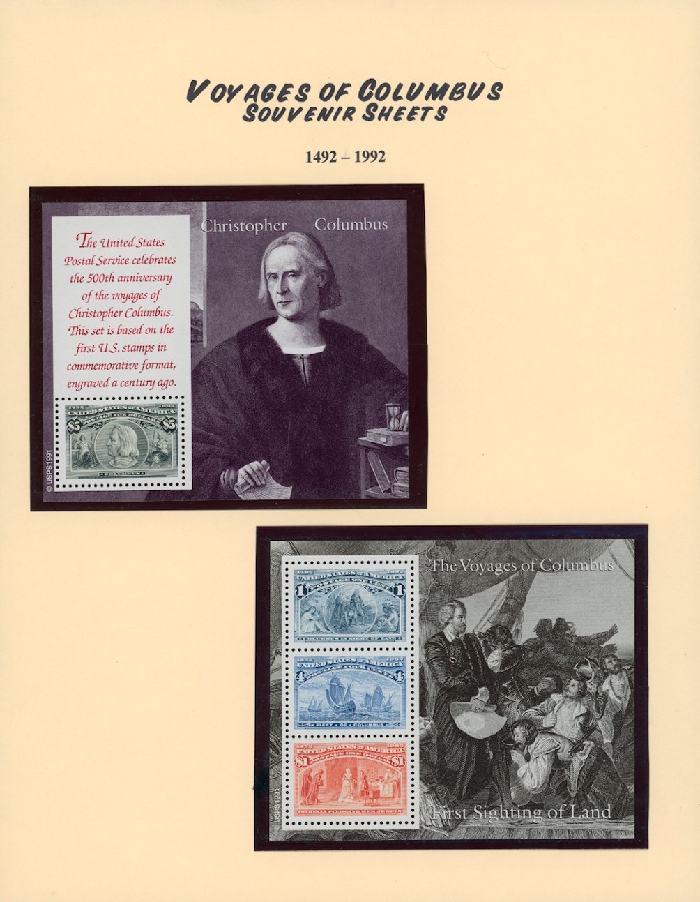 U.S. Voyages of Columbus set of six (6) souvenir sheets (3 images) for less than face
