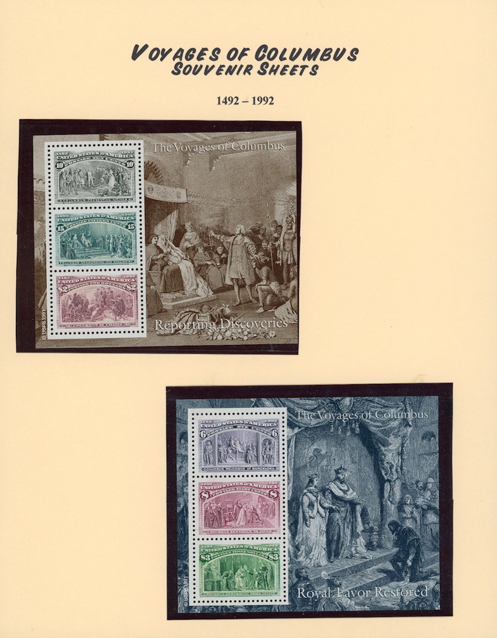 U.S. Voyages of Columbus set of six (6) souvenir sheets (3 images) for less than face