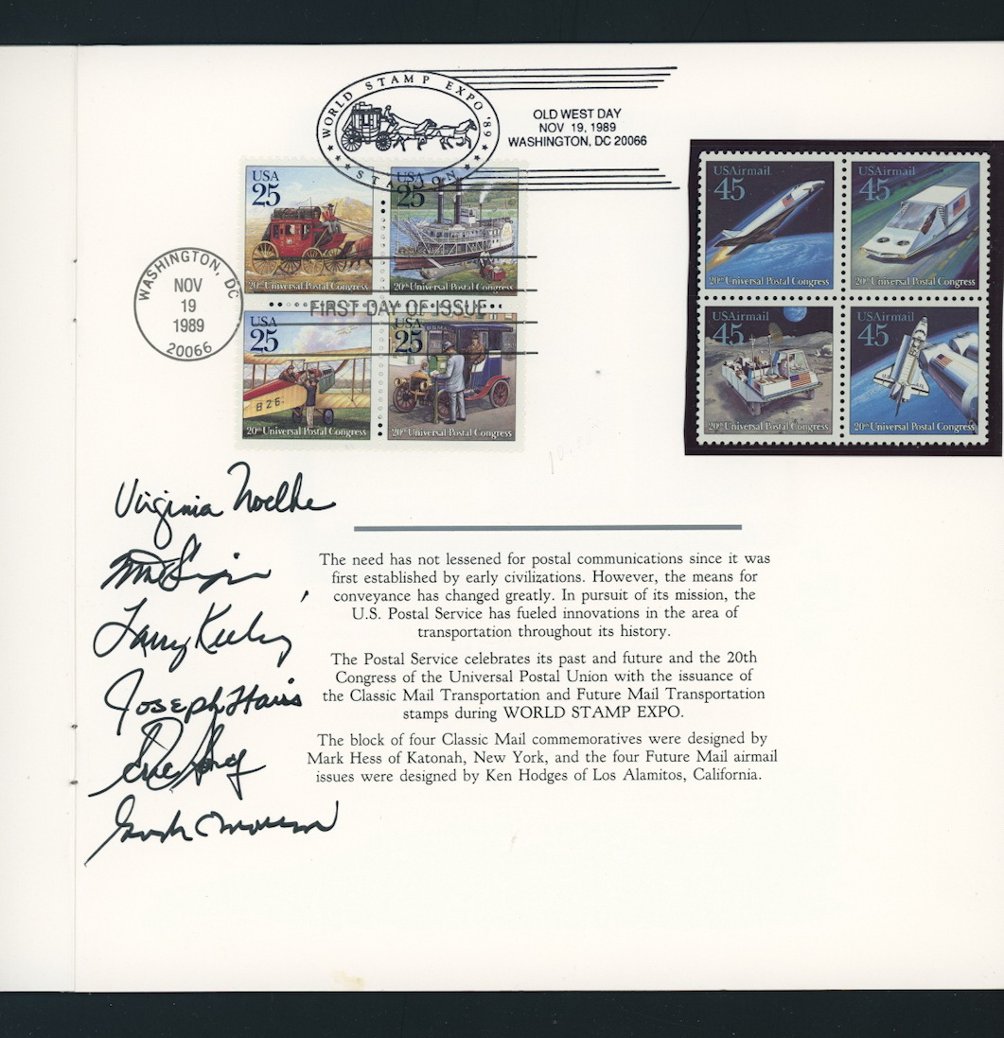 U.S. 1989 Stamp World Expo folder (autographed) with stamps, souvenir sheets and covers (6 images)