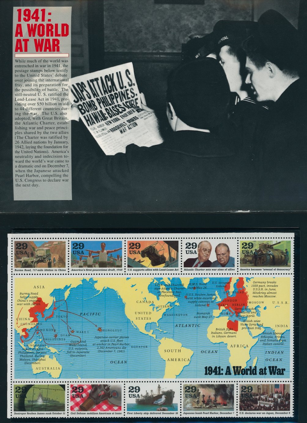 U.S. World War II Remembered folder with five (5) souvenir sheets (6 images)