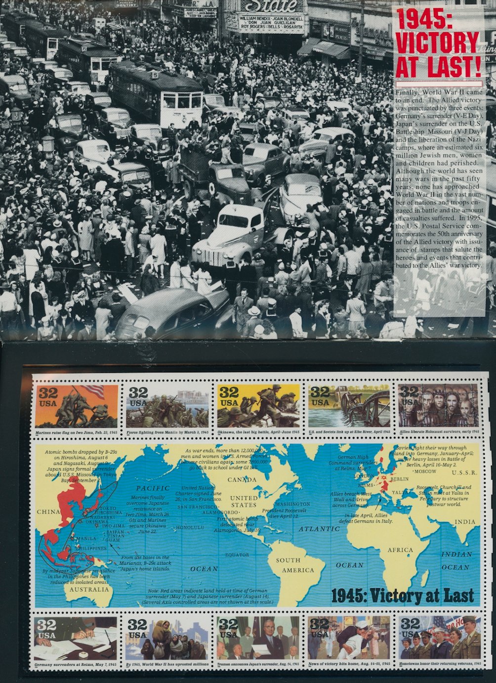 U.S. World War II Remembered folder with five (5) souvenir sheets (6 images)