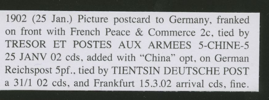 French Military - 1902 Jan. 25 postcard to Germany with additional German Offices in China stamp rec'd. Feb. 3 (see image 3 text) (3 images)