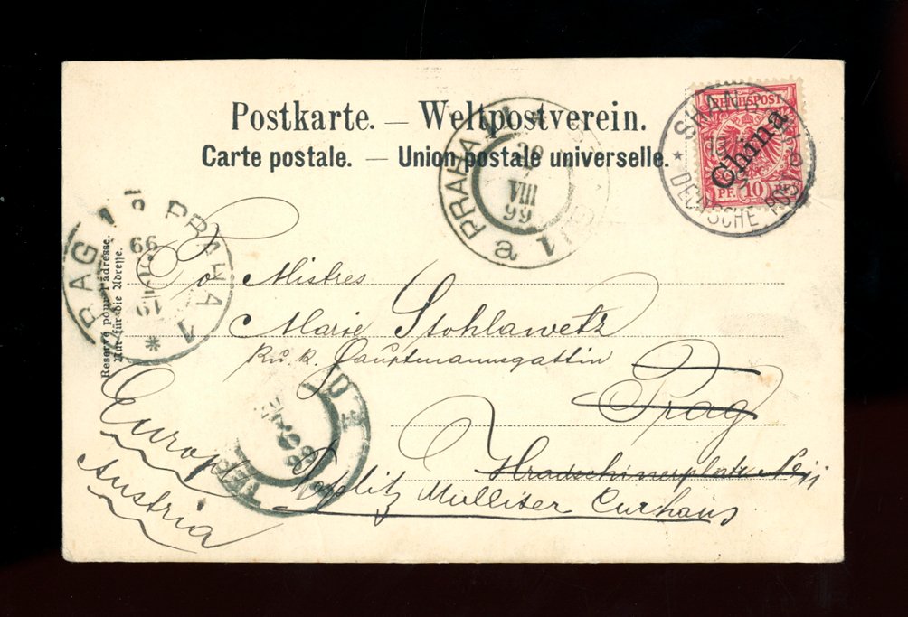 German Offices - 1899 Jan. 13 Shanghai German Post via Prague Czechoslovakia to Germany
