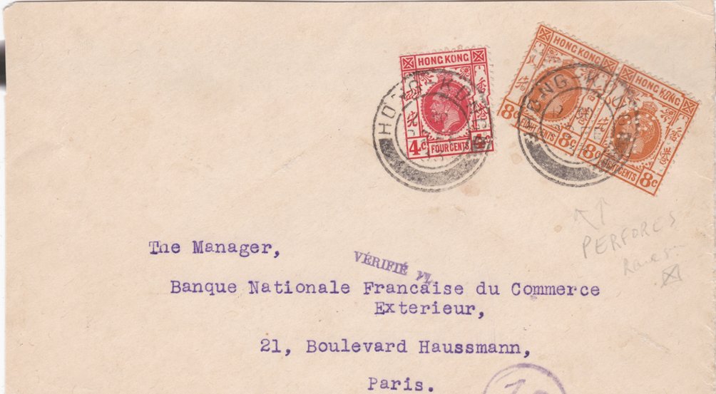 1933 Cover of 22/2 from Hong Kong to Paris SG 120 123x2 (1) 8� perforated (front only)