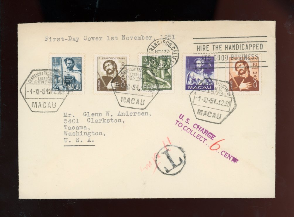 1951 First Day cover with 353, 354, 355, 356 and 357 to USA with postage due